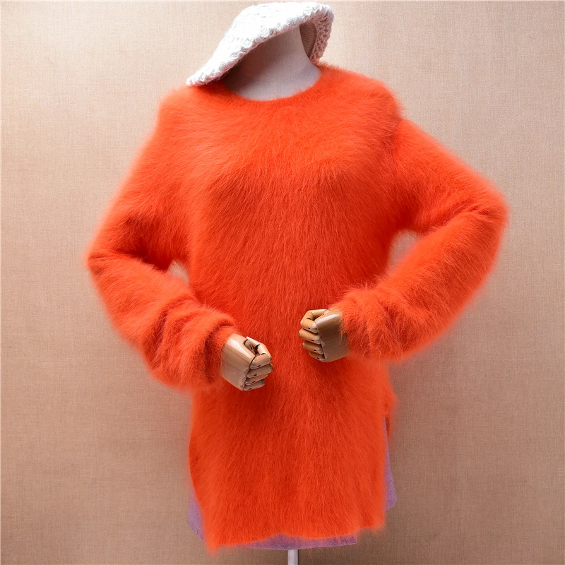 Ladies Women Autumn Winter Clothing Hairy Orange Mink Cashmere Knitted O-Neck Long Sleeves Split Loose Pullover Sweater Jumper