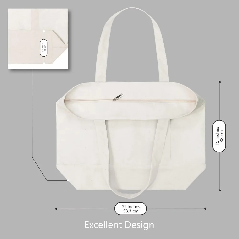 再利用可能な食料品用トートバッグ - 外側ポケット付きキャンバスショッピングバッグ6個パック、上部ジッパー開閉、毎日の必需品に最適