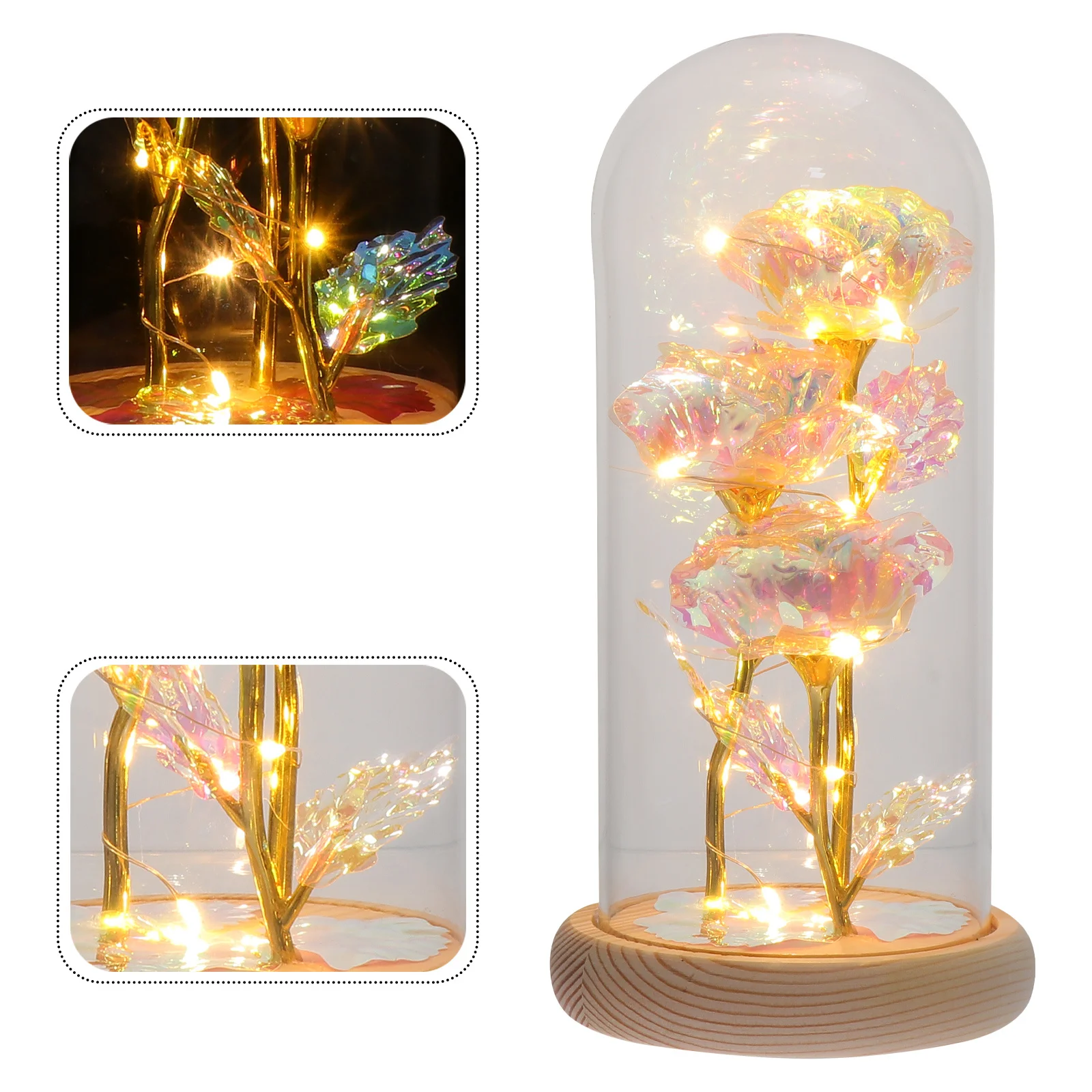 

1Pcs Gold Foil Rose Glass Dome Ornament Unique Desktop Decoration Luminous LED Flower Gift Flower Glass Dome Home Desktop Decor