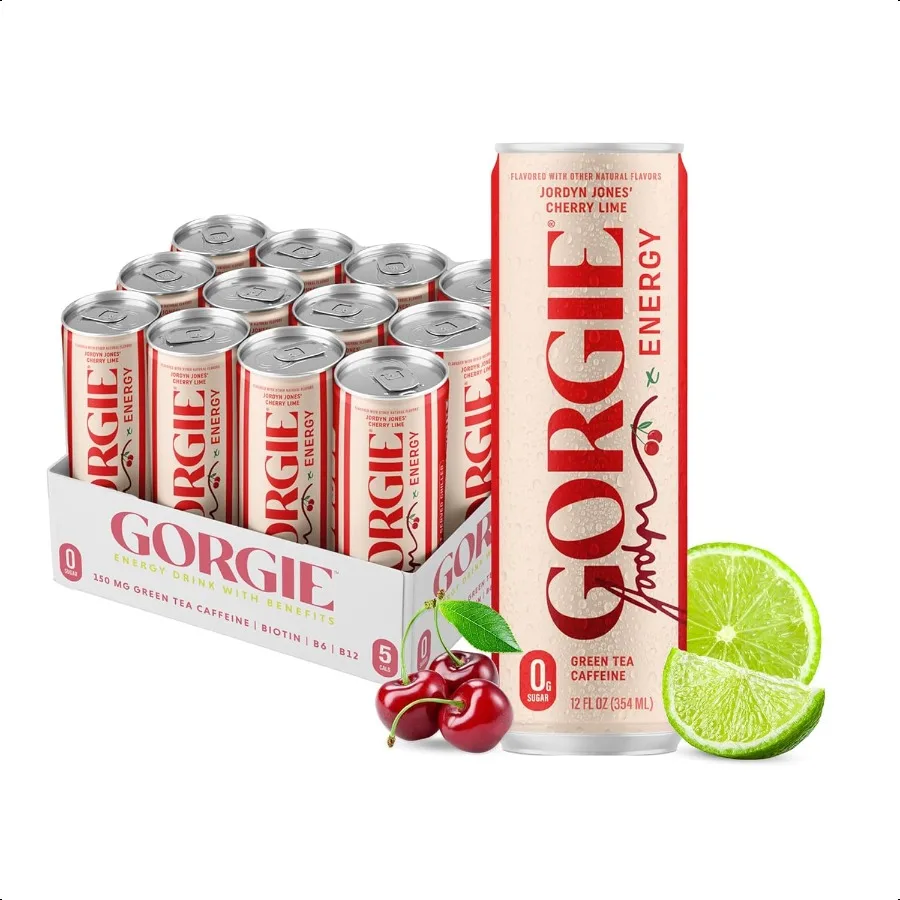Jordyn Jones Cereza Lime Bebida energética natural sin azúcar Bebidas energéticas saludables espumantes Té verde Biotina B Vitaminas 150 mg Caffe