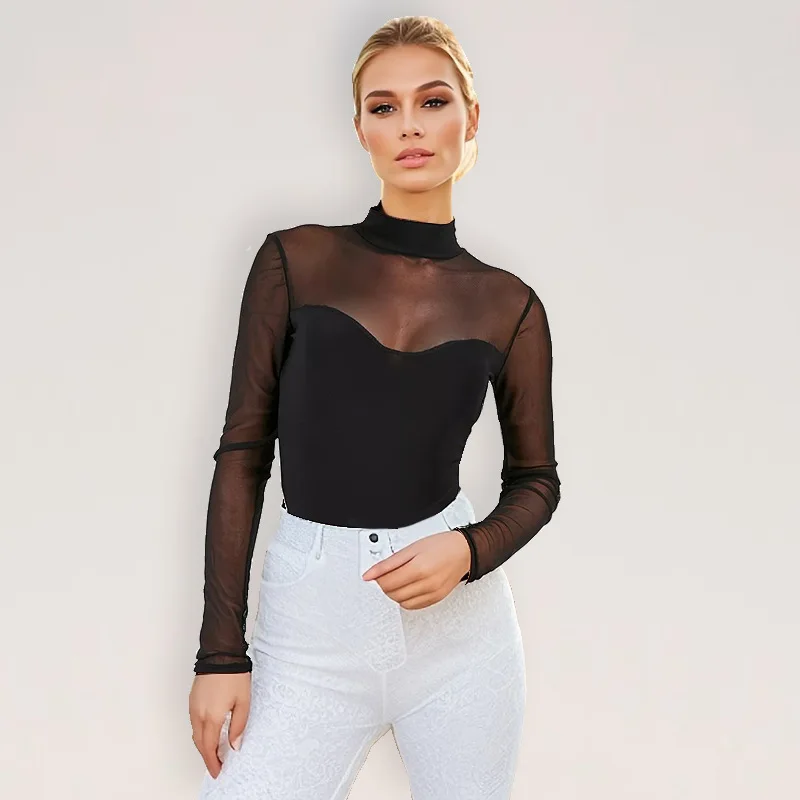 Huhugirl Mesh See Through Skinny Sexy Bodysuits Women Fashion Patchwork Long Sleeve Sheath Rompers Female Jumpsuits Tops Tees