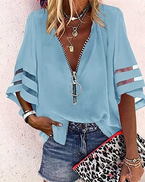 Fashion Retro V-neck Zipper Shirt with Half Flared Sleeves and Perforated Top 2026 Summer Women's Casual Loose Printed T-shirt