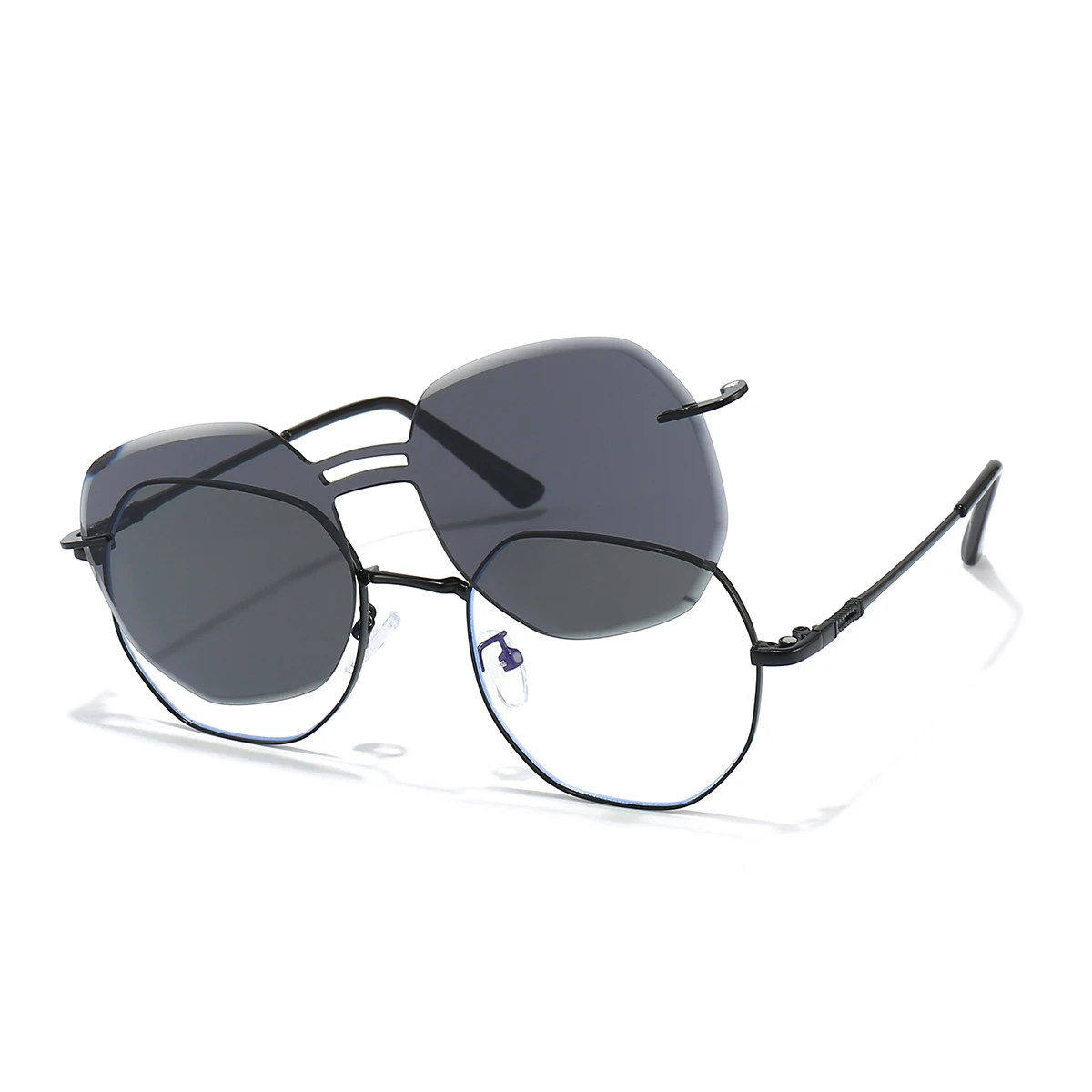 Nuevo conjunto de gafas de sol sin marco de una sola pieza con gafas de sol de moda dos en uno Clip magnético gafas de protección contra luz azul marco 7000