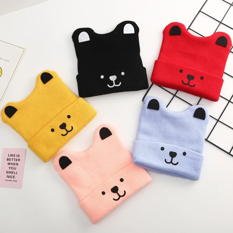 2024 Newborn Baby Knitted Hat Autumn Winter Warm Cap Cartoon Cute Bear Infant Beanie Solid Color Toddler Boys Girls Hats 0-12M