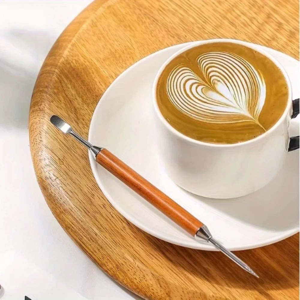 1PC Latte Art Pen Coffee Needle Carved and Mounted Artifact Solid Wood Hook Needle Milk Foam Stainless Steel Drawing