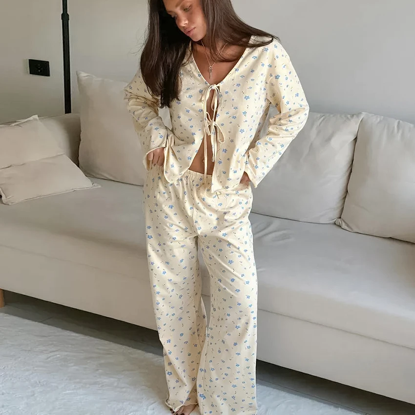 HiLoc Printed Sweet Knitted Elastic Women'S Pajamas Two-Piece Long Sleeve Lace-Up Placket Top Elastic Waist Full Length Pants