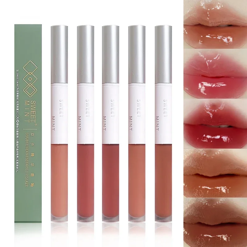 Heallor Dubbele Kop Essence Lip Glazuur Spiegel Water Licht Piep Lip Witte Anti-Stick Cup Lipliner 2 In 1