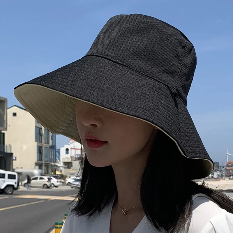 Summer Double-sided Bucket Hats Fashion Big Brim Foldable Solid Sun Hat Women Outdoor Beach Visor Caps Fisherman Cap for Travel