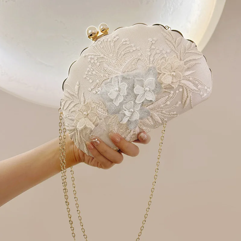 Shell Clip Evening Clutch Bags Fashion White Embroidered Lace Vacation Crossbody Chain Handbag Bride Wedding Party Small Purse