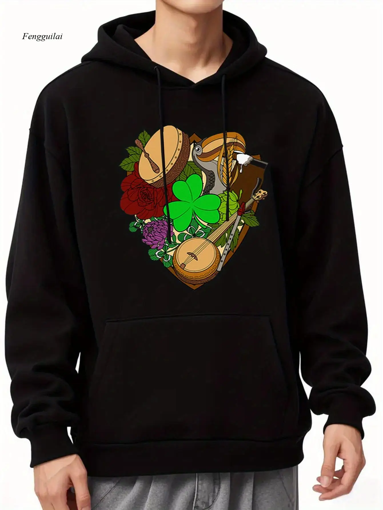 بلوفر بقلنسوة كاجوال مريح بطبعة زهرة البرسيم من Music Flower Clover، سويت شيرت بقلنسوة عصري بأكمام طويلة