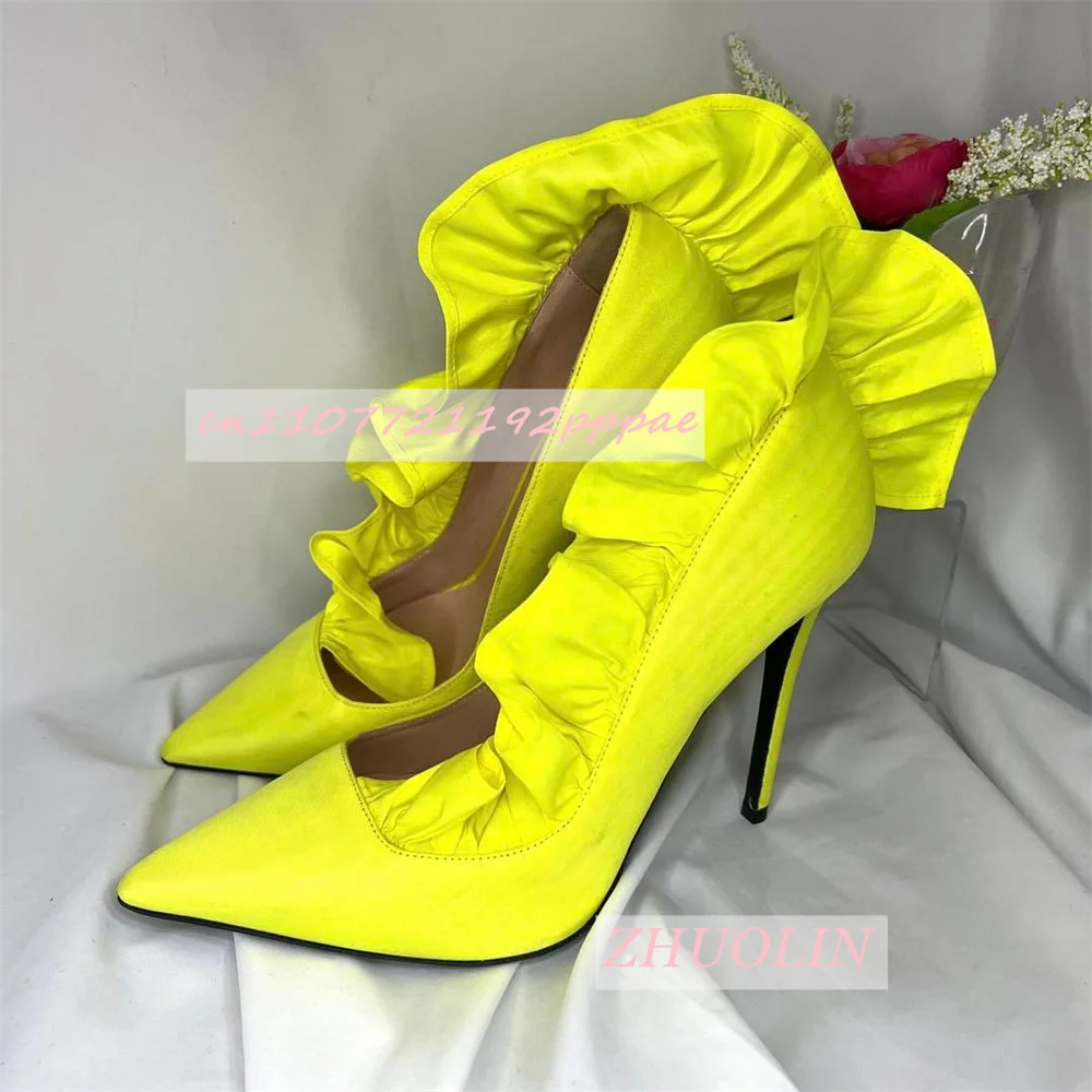Women'S Solid Color Ruffled High Heels Pointed Toe Stilettos Shallow Pumps Party Dress Trendy Large Size Shoes Zapatos Mujer 46