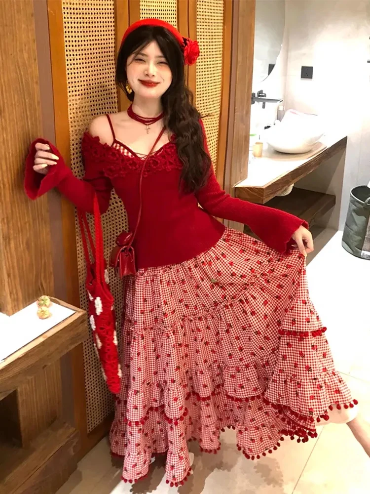 

Japanese Sweet Lolita Style Y2k Skirt Women Kawaii Strawberry Print Plaid Skirt Autumn Female Elegant Cake Skirts Faldas Mujer