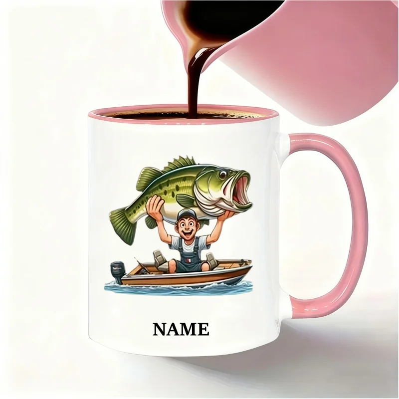 Customizable Name Fishing Mug - Features a Joyful Angler Holding a Huge Largemouth Bass in a Small Boat - Dishwasher Safe