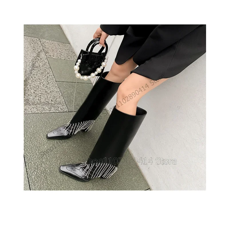 حذاء أسود مطبوع عليه جلد التمساح بشراشيب كريستالي بمقدمة مدببة حذاء سهل الارتداء حذاء نسائي بتصميم غريب بكعب مدرج 2023 Zapatos Para Mujere