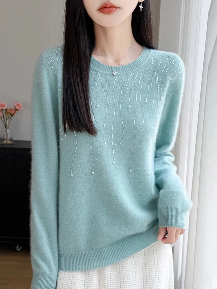 Ladies Style Heavy Duty Rhinestone Knitted Wool Sweater Loose Fit round Neck Women's Fashion Soft Material Autumn Base Shirt