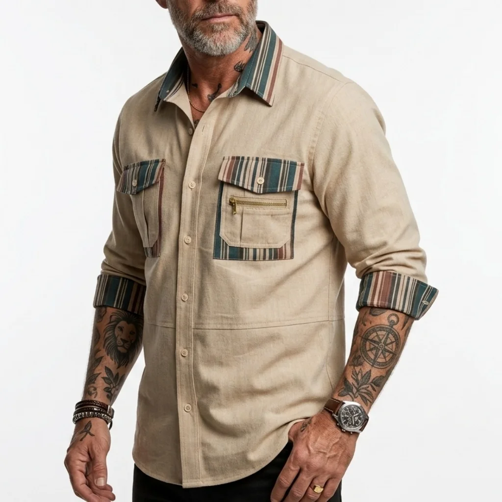 

Men's Long Sleeve Business Shirt Cotton Thin Color Blocking Casual Spring Summer Shirts Multi-Pocket American Retro T-Shirt