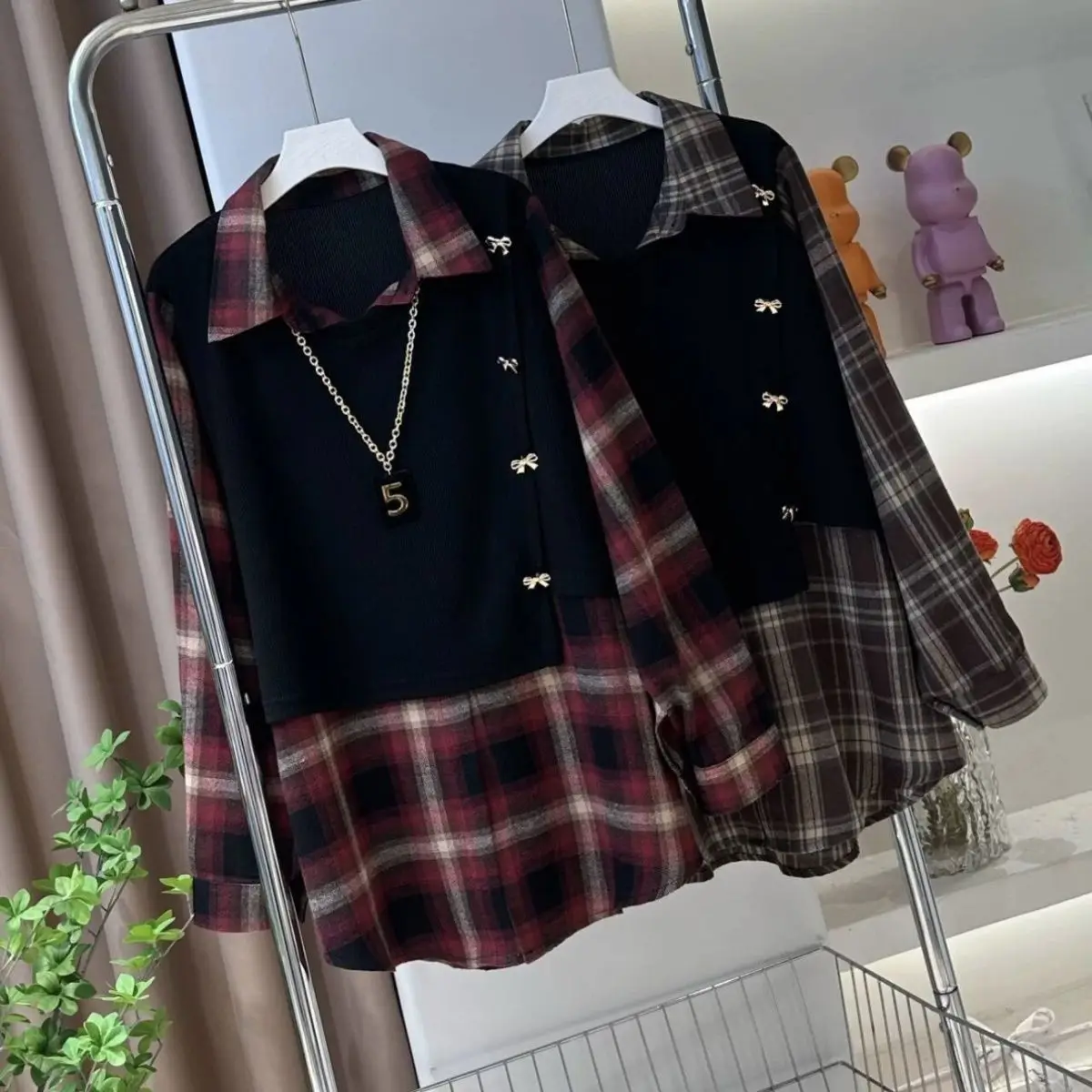 Spring Autumn Plaid Fake Two Piece Shirt Loose Versatile Midi Length Casual Lapel Top Women's Sweet Bow Long Sleeved Blouse