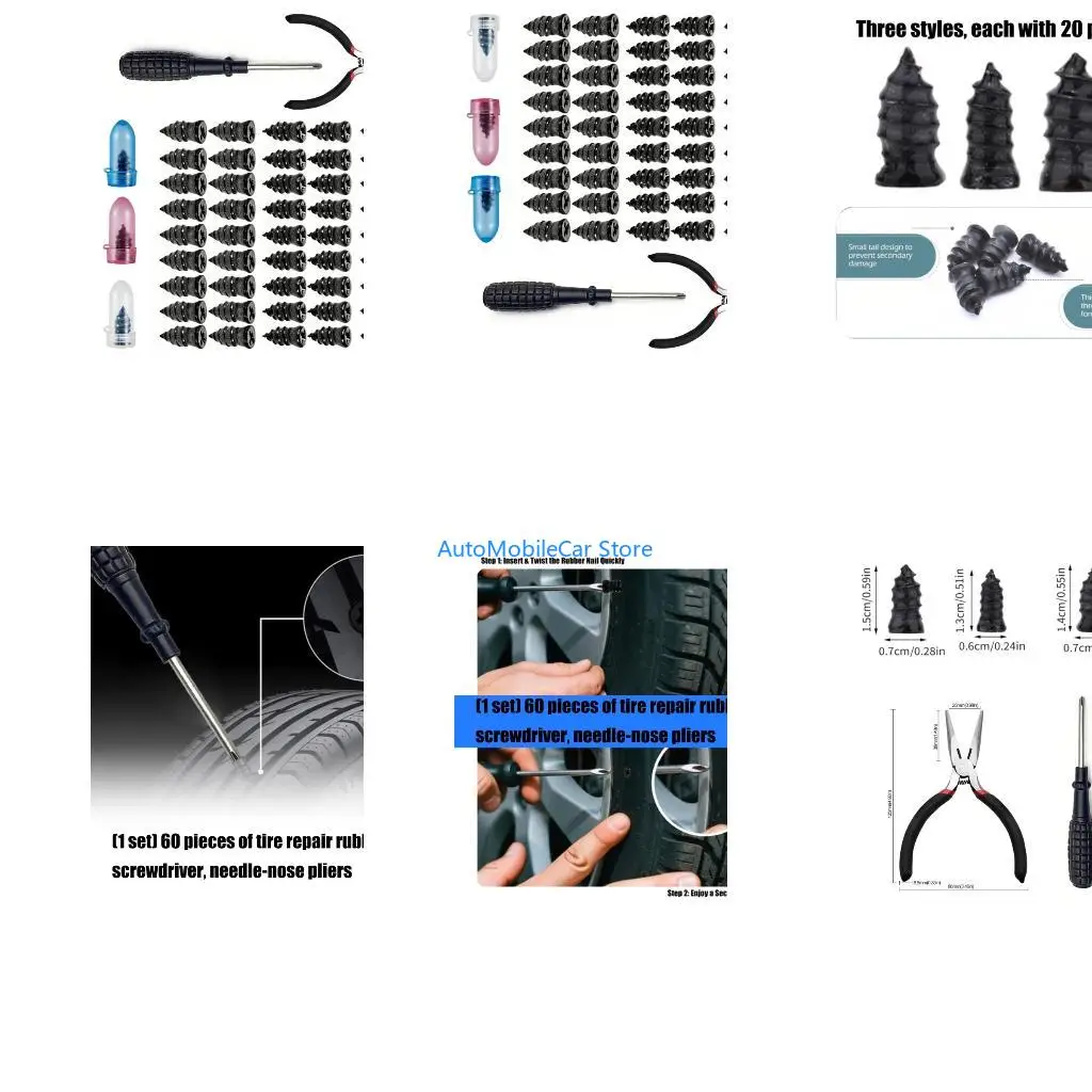 G8TE Multiple Size Tire Plug 60Pcs Rubber Nails & Tool Diy Tire Repair Equipment for Car Motorcycle Easy Fix Solution
