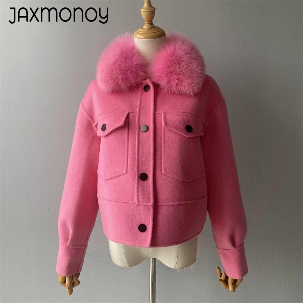 Jaxmonoy Woman Coats Spring Short Wool Jacket with Real Fur Collar Ladies Autumn Winter Fashion Warm Overcoat Female New Arrival