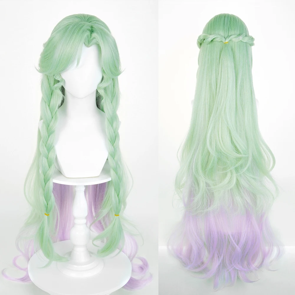 

Синтетические длинные волнистые пушистые зеленые градиентные фиолетовые парики с косой для аниме-игр, косплей, повседневный парик для вечеринок, термостойкий