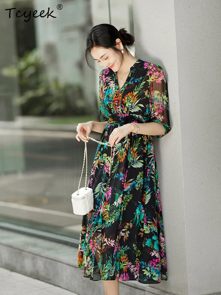 Tcyeek, 100% 리얼 실크 우아한 드레스, 여성 하프 슬리브 꽃 프린트, 복고풍 패션 OL 드레스, 2024 봄 여름 새로운 D44072QM