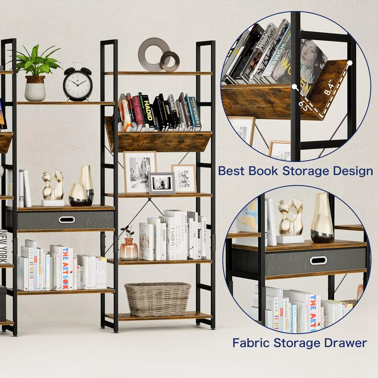 Triple Wide 5 Tier Bookshelf, Adjustable Rustic Industrial Style Book Shelves, Modern Bookcases and Bookshelves Furniture