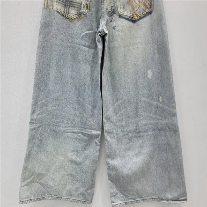 HKSH Women Retro Jeans Streetwear Asymmetric Printed Ripped Distressed Vintage Casual Denim Wide Leg Pants Spring Summer HK21899