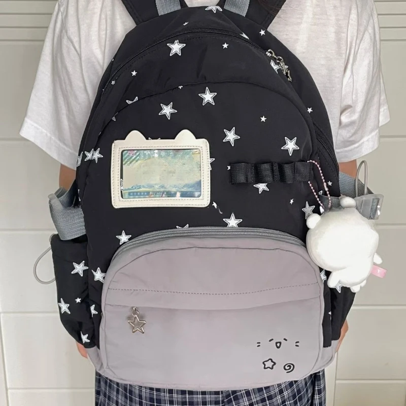 

Patchwork Contrast Color Zipper Star Backpack Kawaii Cute Y2k Aesthetic Schoolbags High-capacity Casual Women Students Backpacks
