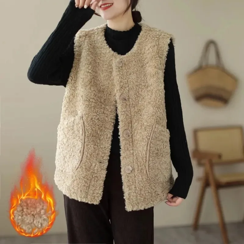 

Solid Color Round Neck Jacket Women's Autumn and Winter Vest Button Sleeveless Cardigan Fashion Casual Top