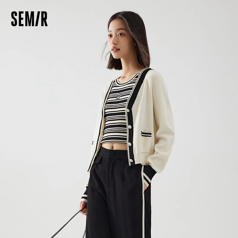 Semir Permanent Joint Knit Cardigan Women Short V-Neck Sweater Lady Autumn Fashion Trendy Contrast Color Temperament Top