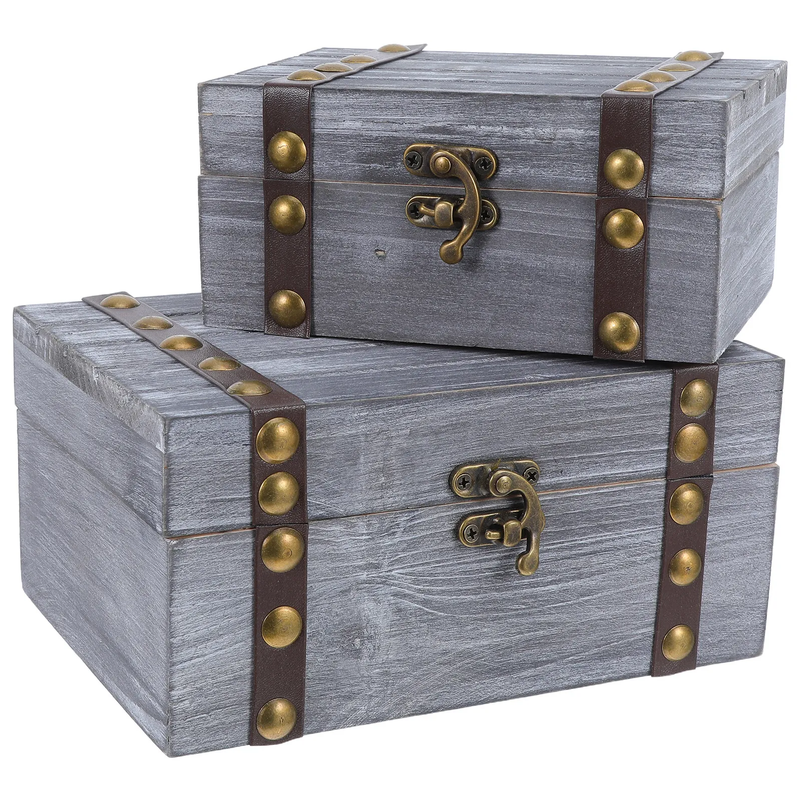 2pcs Retro Jewelry Box Vintage Wood Treasure Chest Rustic Desktop Organizer For Necklace Bracelet Earrings - Wood Keepsake