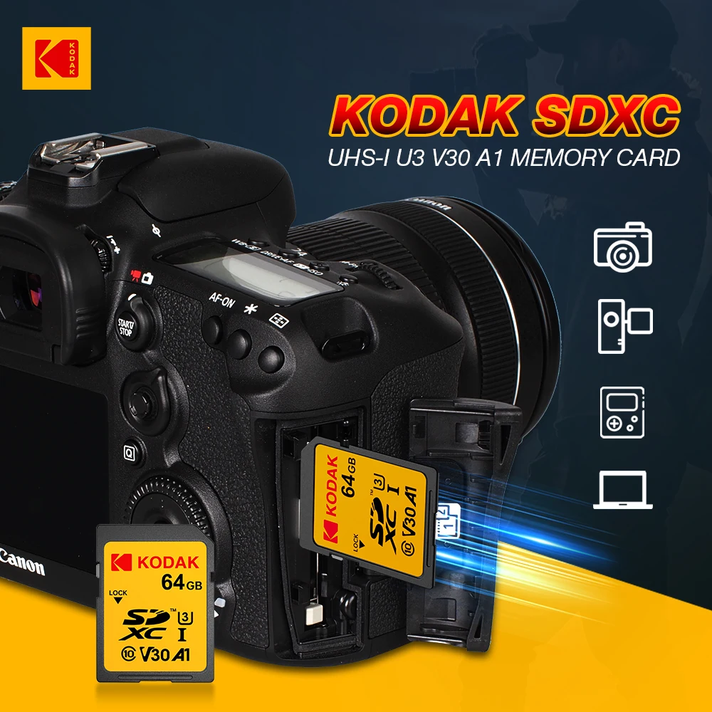 KODAK 100% оригинальные 64 ГБ 128 ГБ SD-карты Карты памяти Class10 256 ГБ 4K HD SD-карта Карты памяти SDXC V30 Карты памяти для камеры