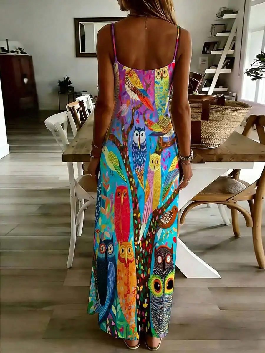 

Bohemian Style Sleeveless Floor-Length Dress With Multicolor Owl Motif For Summer Casual And Beach Wear
