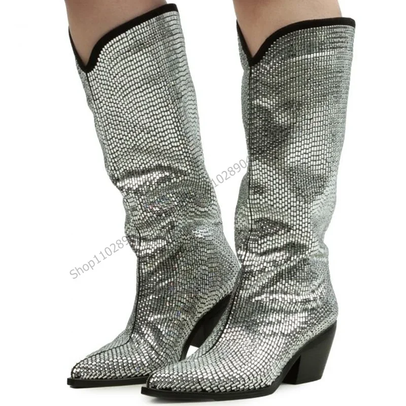 متعدد الألوان حجر الراين ديكور أشار تو الأحذية الانزلاق على أحذية النساء حذاء بكعب عالٍ مكتنز موضة مأدبة 2023 Zapatos Para Mujere