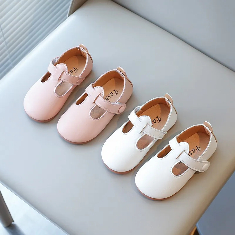 Girl's Princess Shoes Beige Pink T-strap Classic Kids Mary Janes Pu Leather Four Seasons Daily Toddler Children Flat Shoe 21-30