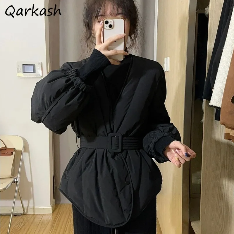 Parkas Women Solid Fashionable V-neck Slim Korean Style Winter Keep Warm Belt Coats All-match Outwear High Street Office Lady