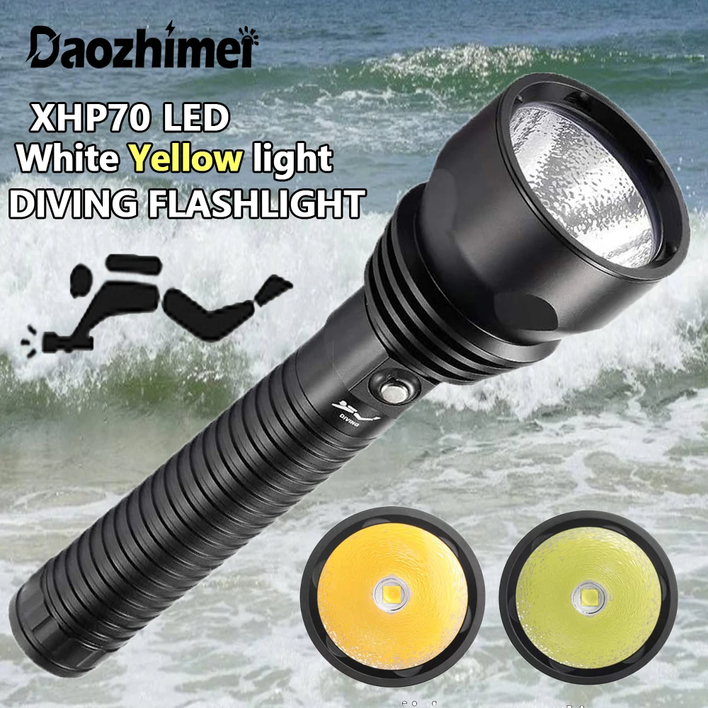 

XHP70.2 LED Diving Flashlight IPX8 Waterproof Dive Light White/Yellow Light Underwater Tactical Dive Torch Use 2*26650 battery