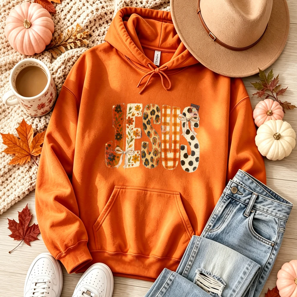 JESUS Leopard Plaid Floral Pattern Graphic Hoodie Hooded Sweatshirt Christian Faith Autumn Fall Long Sleeve Casual Pullover Tops