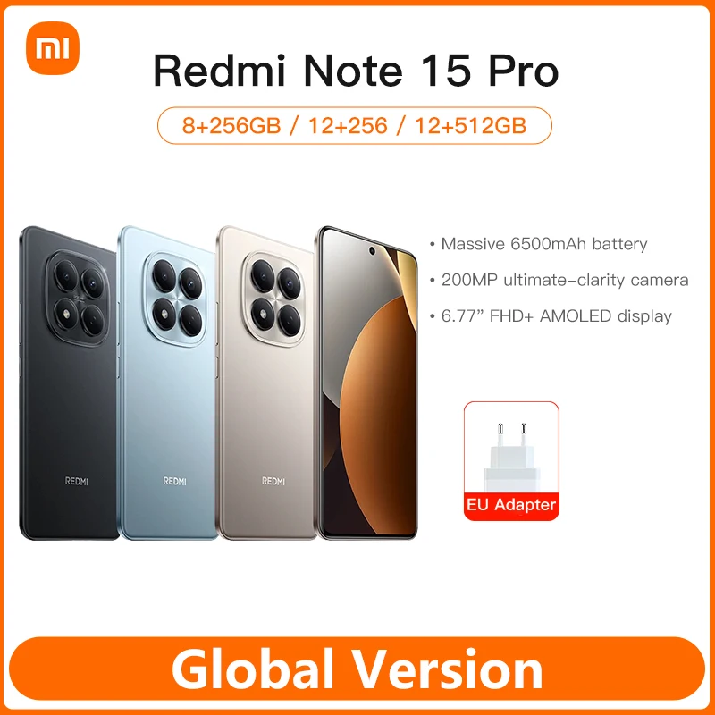 Global Version Xiaomi Mobile Phones Redmi Note 15 Pro MTK Helio G200-Ultra 6.77'AMOLED Display 200MP Ultimate-Clarity Camera