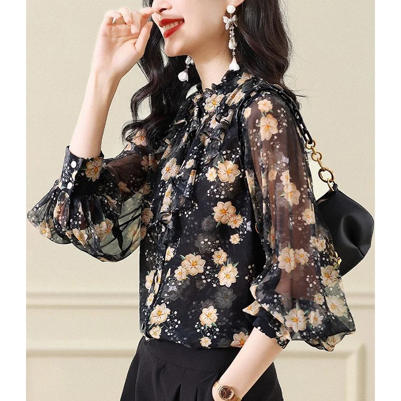 Camisa con estampado Floral para mujer, blusa holgada de gasa con volantes, cuello levantado, Estilo Vintage, informal, para oficina, Otoño, 2023