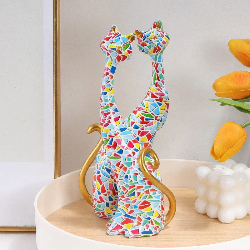 

2 Colorful Bright Colorful Cat Statue,Creative Graffiti Art Multicolor Cat Figurine Resin Home Decor Figurine Home Decoration