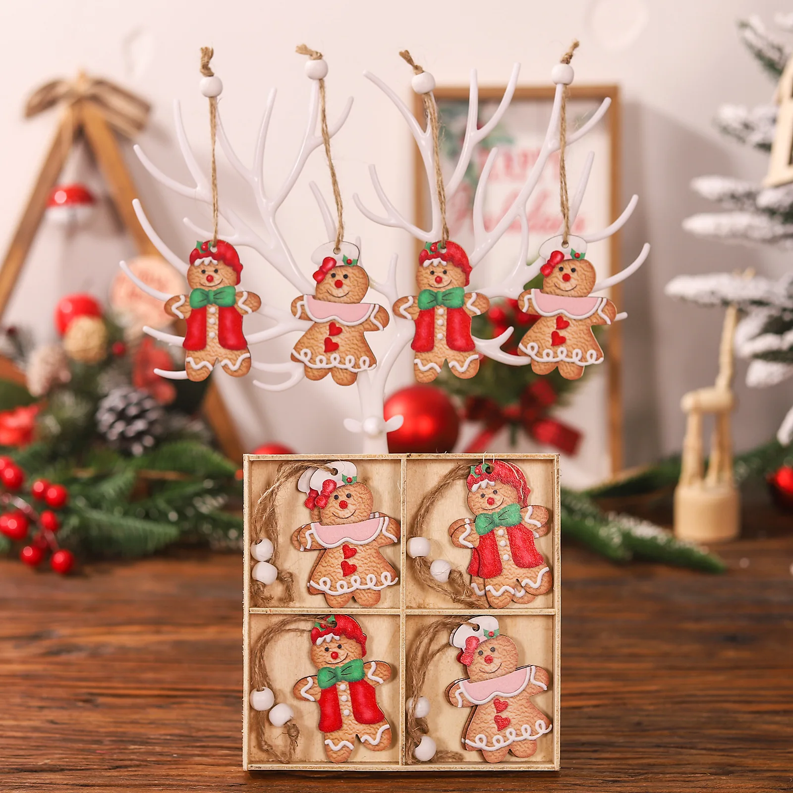 12pcs Christmas Wooden Gingerbread Man Ornaments For Xmas Tree Hanging Pendant Christmas Decoration for Home New Year Navidad