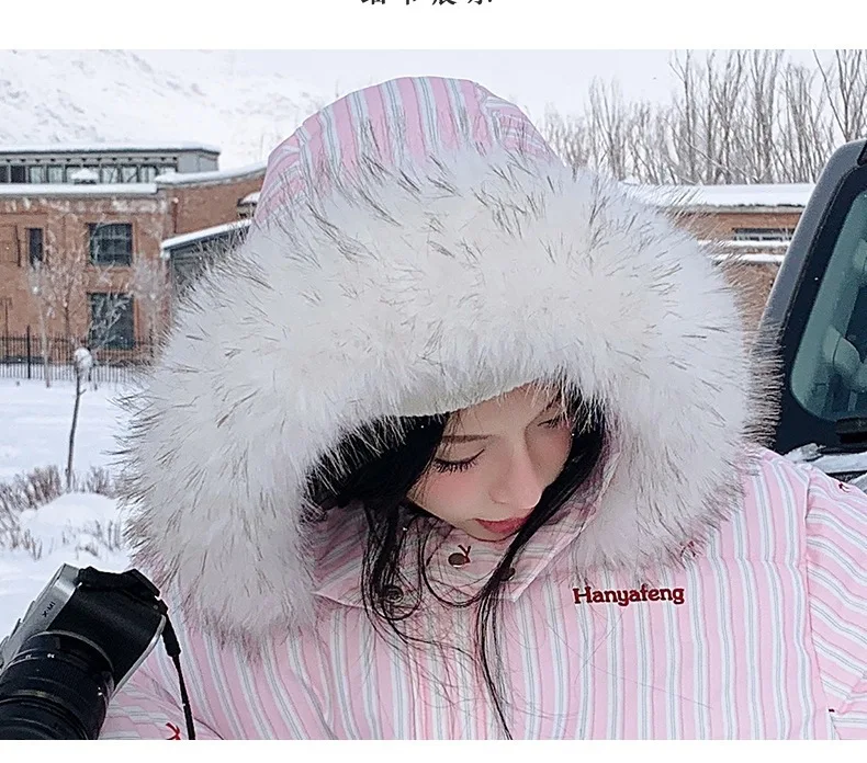 Korean Striped Bow Pattern Cropped Padded Jacket for Women Winter Hooded Coat with Faux Fur Collar Woman Sweet Thick Warm Parkas