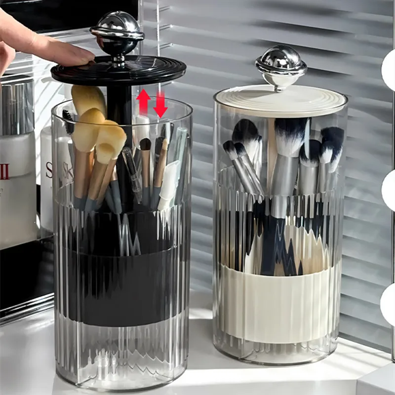 Transparent Makeup Brush Holder with Lid Automatic Lifting Dustproof Makeup Brushes Organizer for Vanity Cosmetics Storage Box