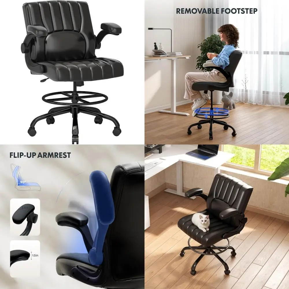 эргономичное регулируемое офисное кресло: мягкое сиденье, откидные подлокотники, подставка для ног комфорта.