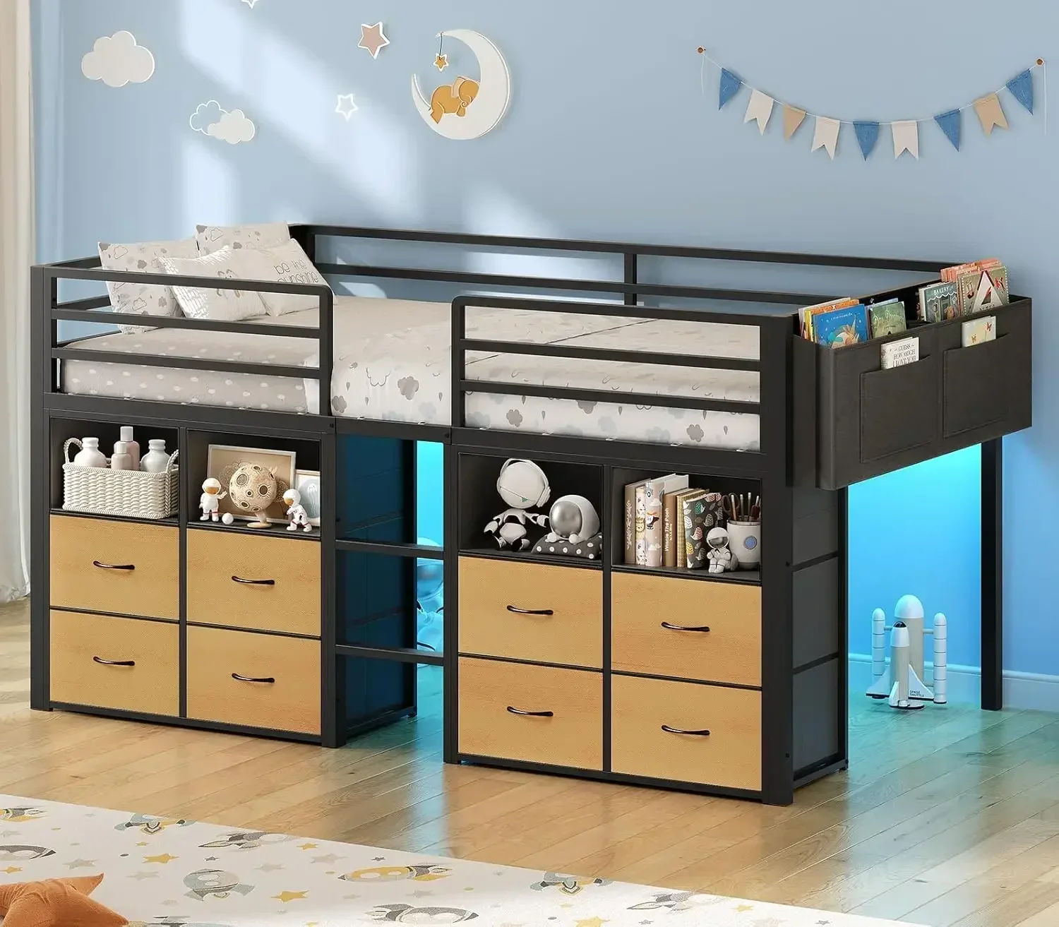 Activity priceTwin Size Low Loft Bed With Bookcase Storage Drawers Lights Guardrail Play Space No Box Spring Needed