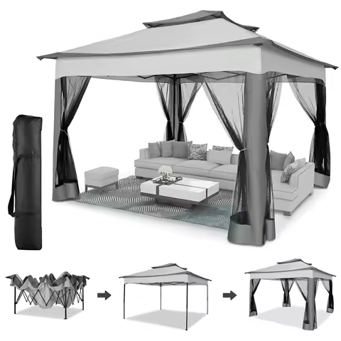 10x10ft Pop Up Gazebo One-Push Canopy Tent With Mosquito Nettings With Double Roof Ventiation For Lawn Garden Backyard Deck