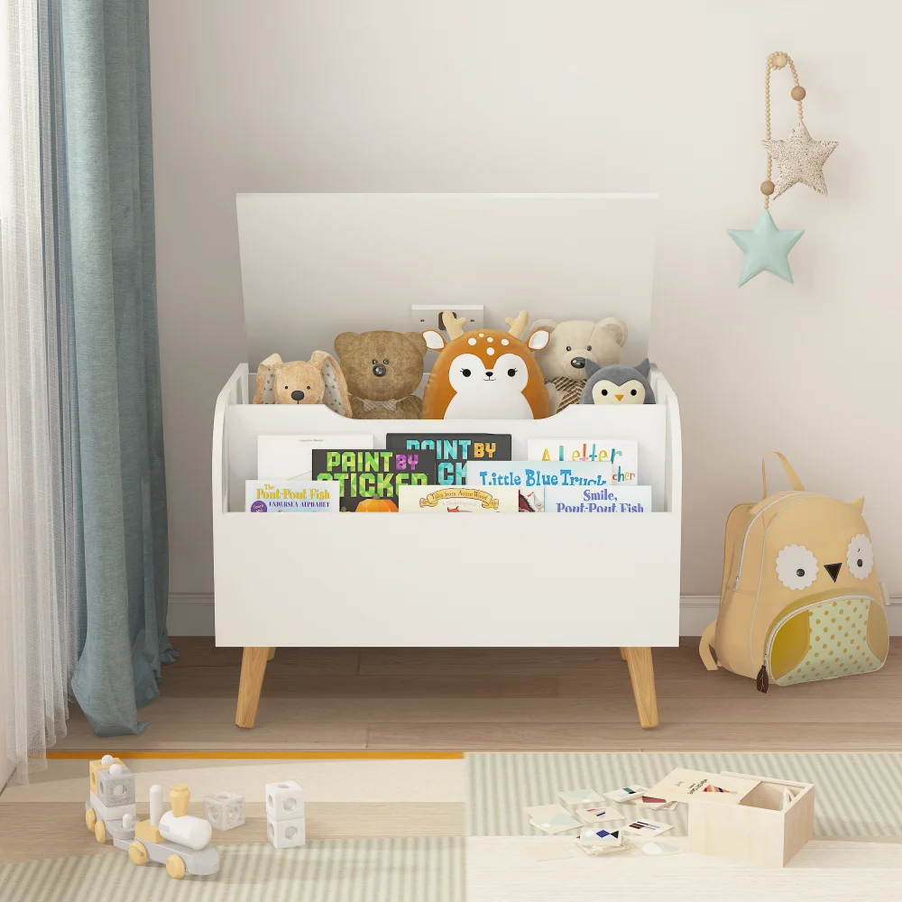 

Wooden Toy Box, Storage Organizer with Front Bookshelf, Flip-Top Lid, Safety Hinge, Chest Bench for Playroom Room Organization