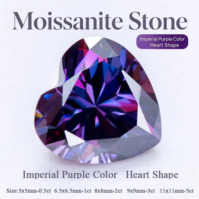Moissanite Stone Imperial Purple Color Heart Shape VVS1 with Certificate Pass Diamond Tester Charms for Jewel Making