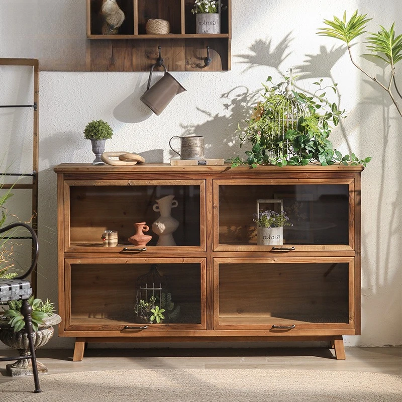 All style retro side cabinet pull-up glass door lattice tea storage